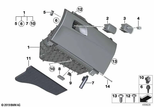 Black glove box for BMW 1 Series F20, F20N, F21, F21N, 2 Series F22, F23, F87 (OEM 51169232971). Original BMW