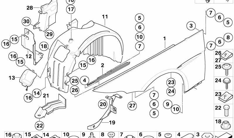 Soporte de cubierta del paso de rueda delantero derecho OEM 51717140964 para BMW E60, E61, E63, E64. Original BMW.