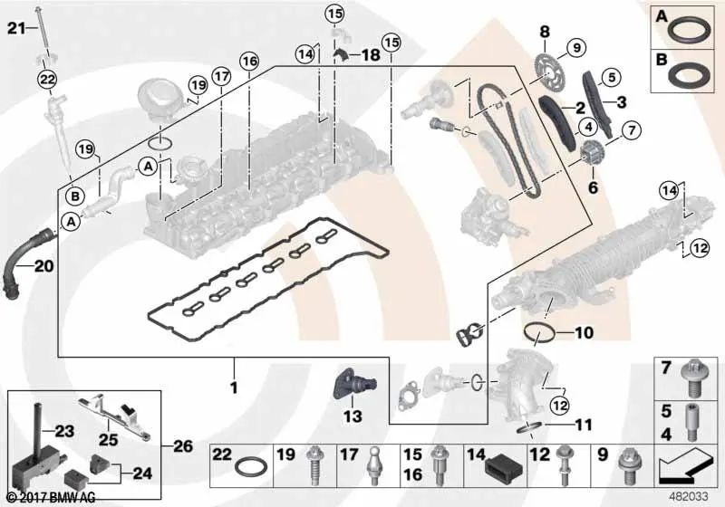 Guía tensora para BMW Serie 1 E81, E82, E87N, E88, F20, F21, F40, Serie 2 F22, F44, F45, Serie 3 E90, E92, E93, F30, F34, G20, G21, Serie 4 F32, F33, F36, G22, Serie 5 E60N, F07, F10, F11, G30, Serie 6 F06, F12, F13, G32, Serie 7 F01, F02, G11, G12, G70,