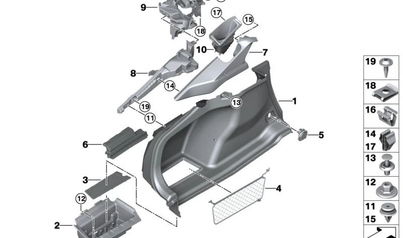 Aufbewahrungsschale linke Kofferraumfutter OEM 51479893879 für BMW G26. Original BMW.