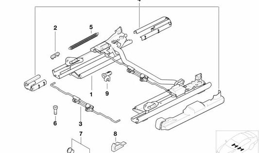 Guía deslizante derecha (carril de asiento) OEM 52108196284 para BMW Serie 5 (E39) y Serie 7 (E38). Original BMW.