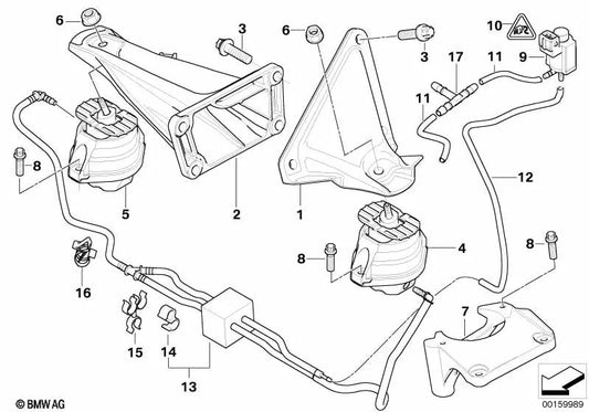 Right engine mount for BMW 5 Series E60, E60N, E61, E61N (OEM 22116763218). Original BMW.