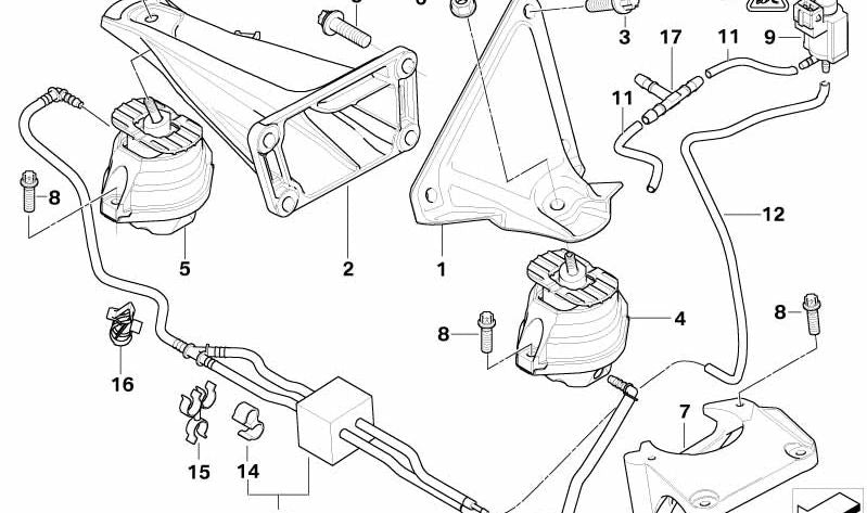 Left engine mount for BMW E60, E61, E63N, E64N (OEM 22116774619). Original BMW