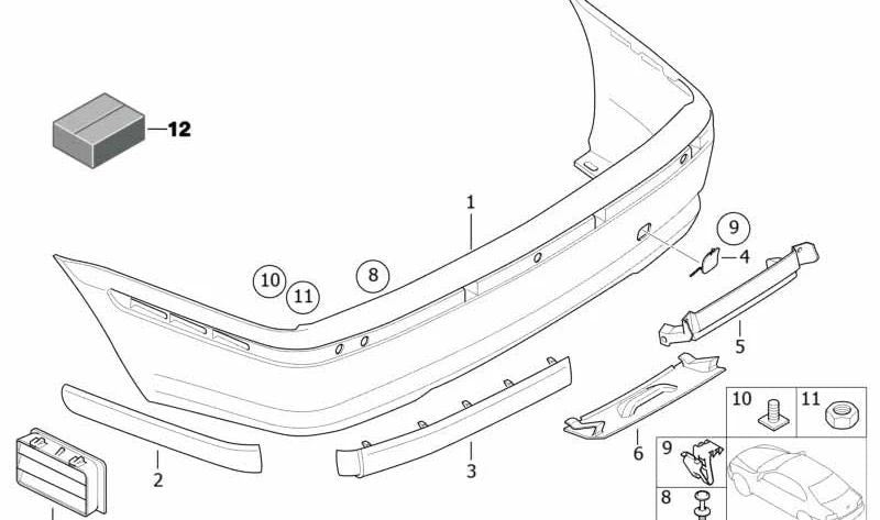 Moldura para parachoques trasero izquierdo OEM 51127030603 para BMW E46. Original BMW.