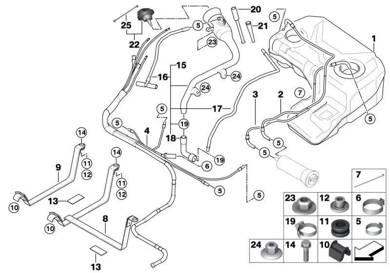 Tubería de retorno de combustible para BMW X5 E53 (OEM 16117175055). Original BMW