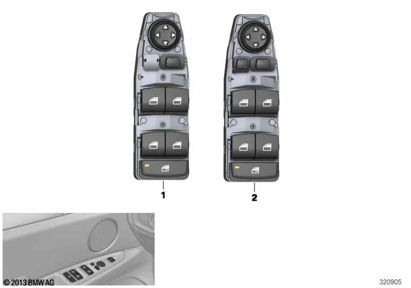 Interruptor del alzavidrio del lado del conductor para BMW F20, F52, F45, F46, F30, F31, F80, F36, F07, F10, F11, F18, F48, F49, F39, F25, F26, F15, F16 (OEM 61319208109). Original BMW