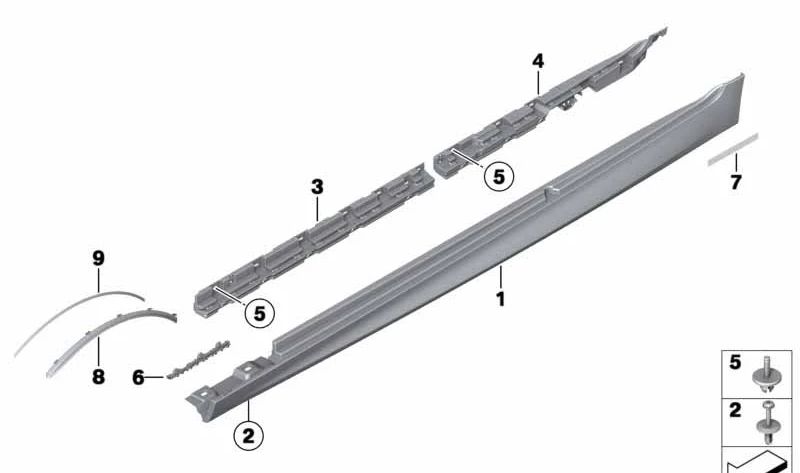 Listón de sujeción estribo trasero derecho para BMW Serie 5 F10, F11 (OEM 51777204022). Original BMW