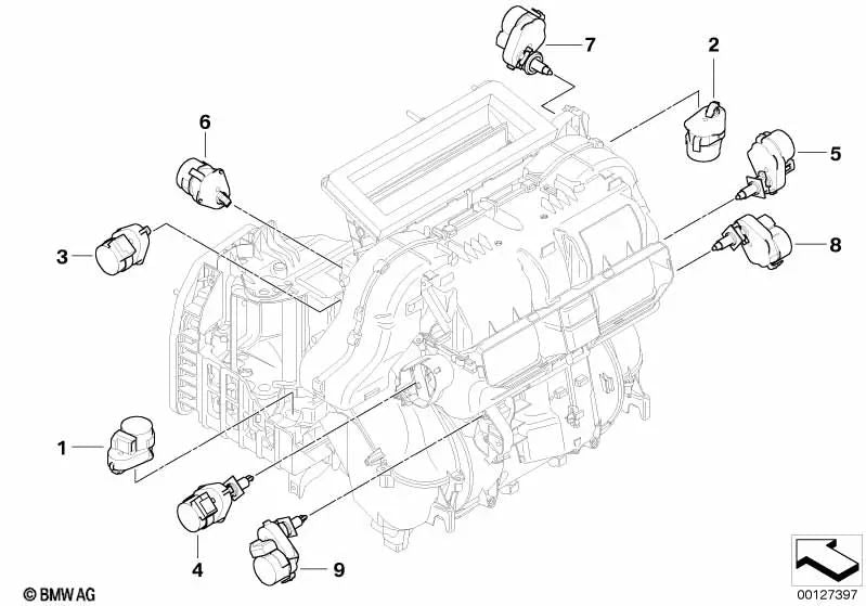 Actuador de la trampilla del espacio para los pies a la izquierda para BMW Serie 5 E60, E60N, E61, E61N, Serie 6 E63, E63N, E64, E64N (OEM 64116942993). Original BMW.