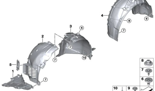 Cubierta interior paso de rueda trasero izquierdo OEM 51718086107 para BMW G80. Original BMW.