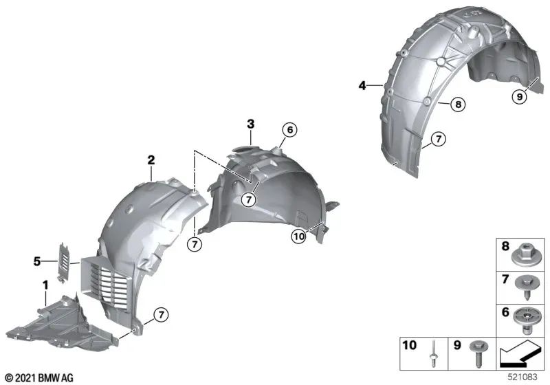 Front Left Rear Wheel Arch Cover for BMW 3 Series G80, G81 4 Series G82, G83 (OEM 51718070521). Original BMW.