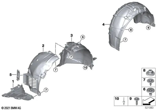 Cubierta del paso de rueda trasero delantero izquierdo para BMW Serie 3 G80, G81 Serie 4 G82, G83 (OEM 51718070521). Original BMW.