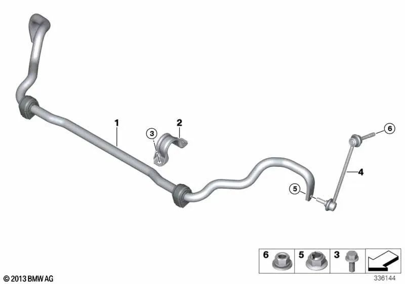 Estabilizador con cojinete de goma delantero para BMW X5 F15, X6 F16 (OEM 31356854141). Original BMW