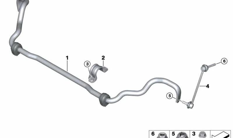 Barra estabilizadora delantera con soportes de goma OEM 31356863638 para BMW F15, F16. Original BMW.