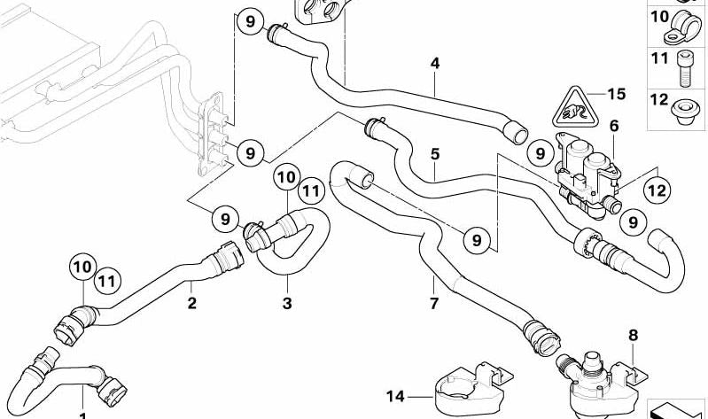 Manguera de retorno del radiador OEM 64216921428 para BMW E60, E61, E63, E64. Original BMW.