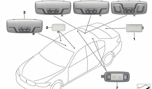 Hinten verstellbare LED-Innenleseleuchte für BMW 5er G30, G31, G38, 6er G32, 7er G11N, G12N (OEM 63316801414). Original BMW