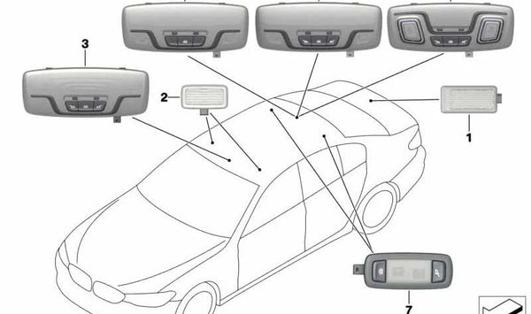 Luz de lectura interior LED ajustable trasera para BMW Serie 5 G30, G31, G38, Serie 6 G32, Serie 7 G11N, G12N (OEM 63316801414). Original BMW