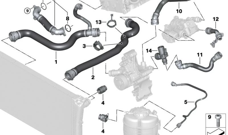 Tubo Cabeza de Cilindro-Depósito de Compensación para BMW G42, G20, G21, G28, G22, G23, G26 (OEM 17128654868). Original BMW