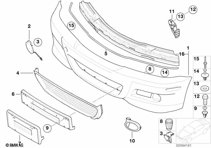 Primed front bumper trim for BMW 3 Series E46 (OEM 51112695245). Original BMW.