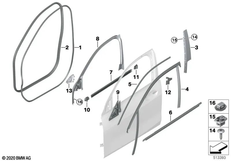 Cubierta del marco de la ventana puerta delantera izquierda para BMW F40 (OEM 51339873235). Original BMW