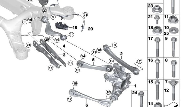 Brazo de suspensión derecho con silentblock OEM 33308073974 para BMW F90, F91, F92, F93. Original BMW.