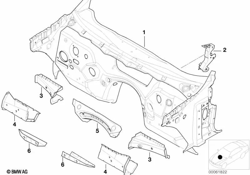 Refuerzo de Mamparo derecho para BMW Serie 3 E46, X3 E83, E83N (OEM 41118239198). Original BMW