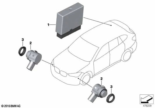 Sensor de ultrasonidos Gris Atlántico para BMW F45, F46, F48, F49, F39 (OEM 66209336917). Original BMW