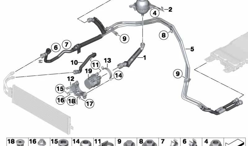 Tubo di raffreddamento OEM 17127605315 per BMW F30, F31, F32, F33, F34, F36, F80. BMW originale.