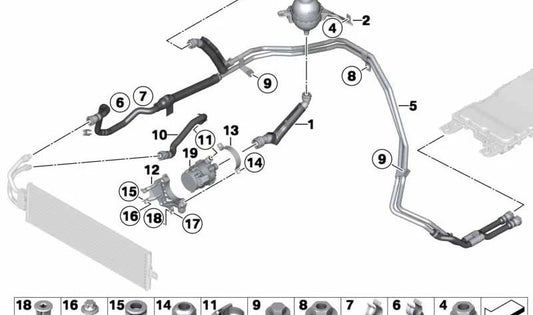 Mangueira de resfriamento OEM 17127605315 para BMW F30, F31, F32, F33, F34, F36, F80. BMW original.