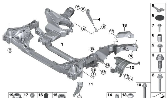 Front axle support for BMW 5 Series F90, G30, G31, G38, 6 Series G32, 7 Series G11, G12, 8 Series F91, G14 (OEM 31106887340). Original BMW