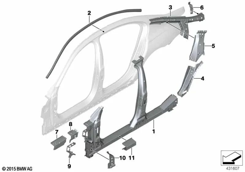 Right middle side frame for BMW G12, G12N (OEM 41219850812). Genuine BMW.