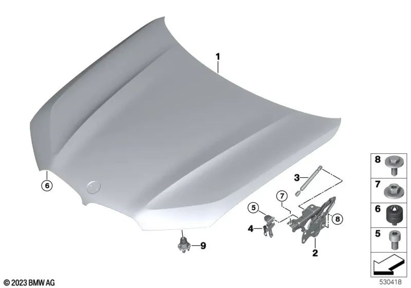 Linkes Fronthaubenscharnier für BMW X5 F95, G05, G18, X6 F96, G06, X7 G07, XM G09 (OEM 41009477741). Original BMW.