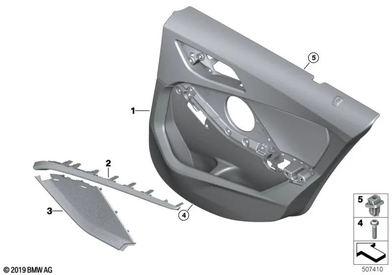 Revestimiento de puerta trasero derecho para BMW Serie 1 F40 (OEM 51429893848). Original BMW.