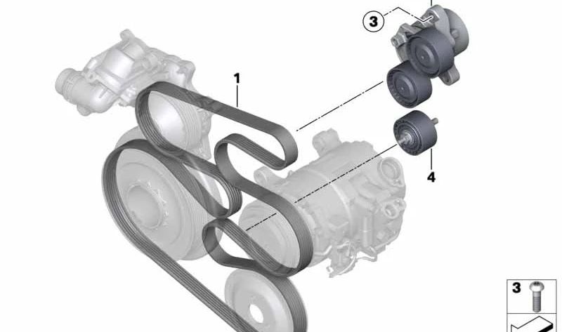 Tensor de correa mecánico OEM 11287823199 para BMW Serie 3 (E90, E91, E92, E93), Serie 5 (F07, F10, F11), Serie 6 (F06, F12, F13), Serie 7 (F01, F02), X1 (E84), X5 (E70, F15), X6 (E71, F16). Original BMW.