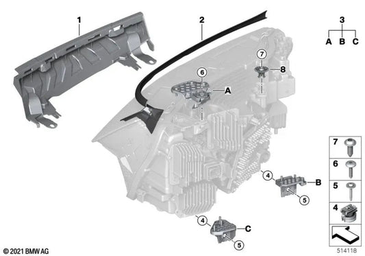 Soporte de faro delantero izquierdo para BMW I20 (OEM 63215A220B7). Original BMW.