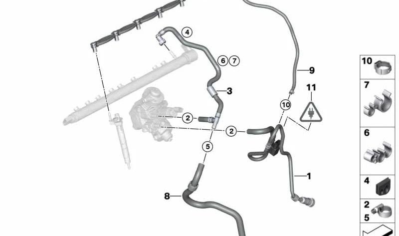 Tubería de retorno de combustible para BMW Serie 5 F10, F11, Serie 7 F01N, F02N, X5 E70N, F15, X6 E71, F16 (OEM 13538515905). Original BMW