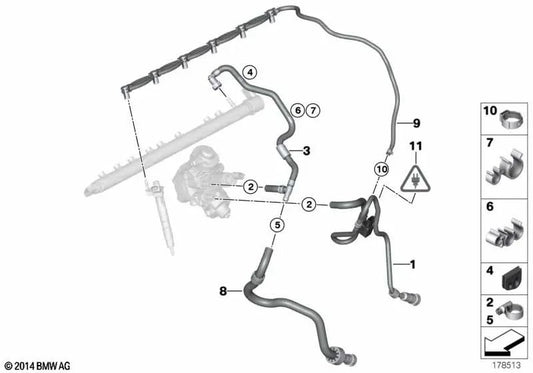 Conducción de retorno de combustible para BMW Serie 3 F30, F31, F34, Serie 4 F32, F33, F36, Serie 5 F07, F10, F11, Serie 7 F01N, F02N, X3 F25, X4 F26, X5 F15, X6 F16 (OEM 13537823400). Original BMW