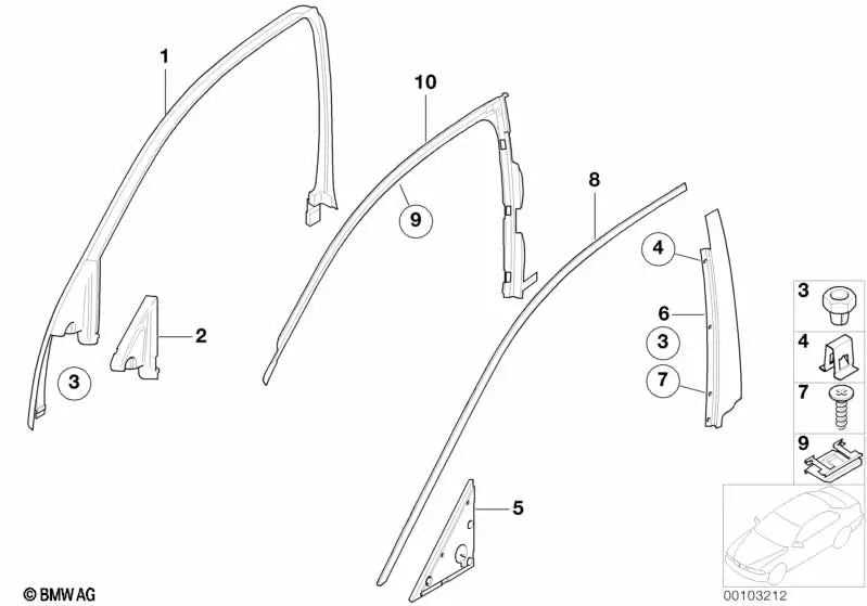 Moldura marco de ventana pilar B puerta delantera izquierda para BMW E65, E66 (OEM 51338223833). Original BMW.