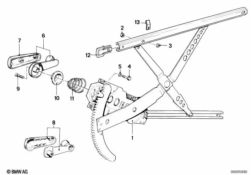 Elevador de ventana delantero derecho para BMW E12, E28 (OEM 51321867904). Original BMW.