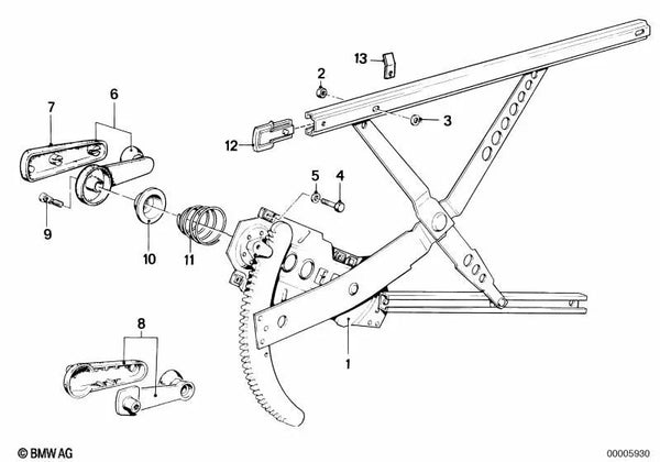 Elevador de ventana delantero derecho para BMW E12, E28 (OEM 51321867904). Original BMW.