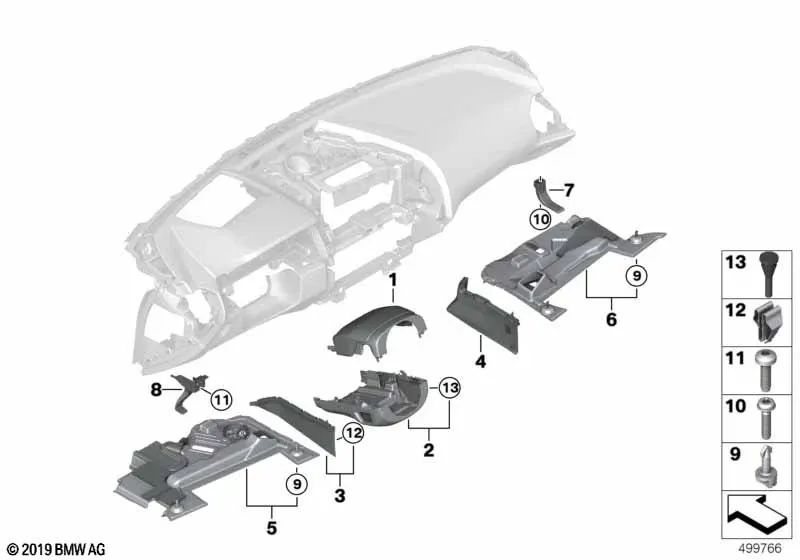 Cubierta del túnel lateral del pasajero para BMW Serie 5 G30, G31, Serie 6 G32, Serie 7 G11N, Serie 8 G15 (OEM 51457951536). Original BMW