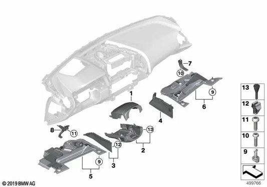 Cubierta del túnel lateral del pasajero para BMW Serie 5 G30, G31, Serie 6 G32, Serie 7 G11N, Serie 8 G15 (OEM 51457951536). Original BMW