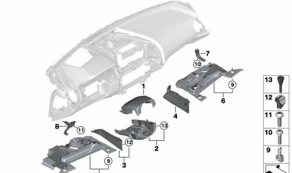 Soporte revestimiento del espacio para pies del pasajero OEM 51459365036 para BMW F90, G30, G31, G38, G32, G11, G12, F91, F92, F93, G14, G15, G16. Original BMW.