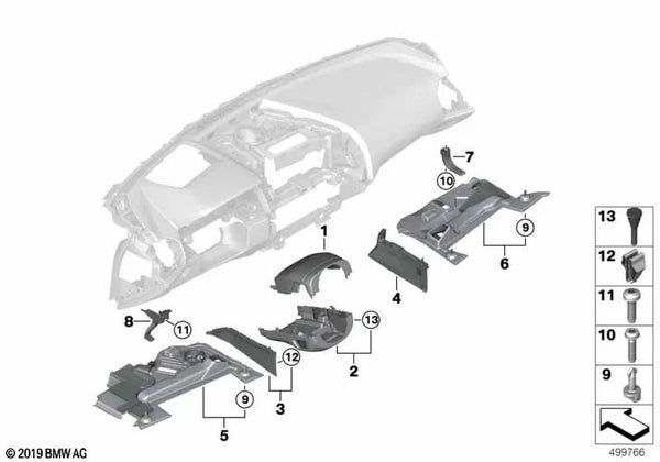 Cubierta del túnel lateral del pasajero para BMW Serie 5 G30, G31, Serie 6 G32, Serie 7 G11N, Serie 8 G15 (OEM 51457951536). Original BMW