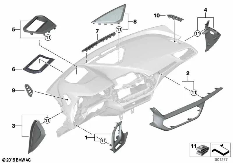 Moldura I-Tafel Quarzsilber Mate Pasajero para BMW F40, F44 (OEM 51457911472). Original BMW.