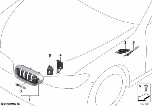 Rejilla decorativa frontal izquierda para BMW F90 (OEM 51138063173). Original BMW