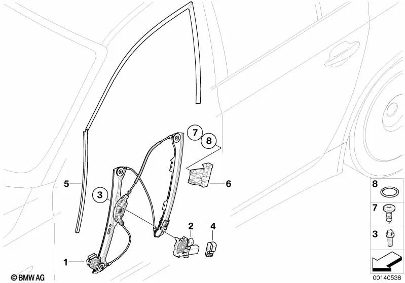 Guía de ventana delantera izquierda para BMW E60, E60N, E61, E61N (OEM 51337057489). Original BMW