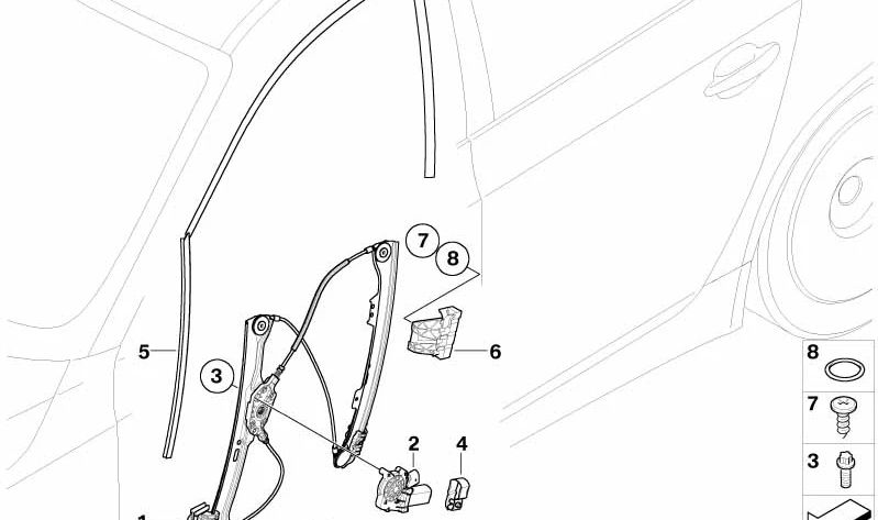 Elevador de ventana sin motor delantero derecho para BMW E60, E60N, E61, E61N (OEM 51337184384). Original BMW