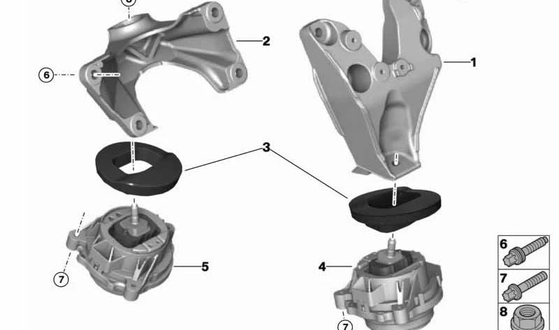 Right Engine Mount for BMW 1 Series F20, F21, 2 Series F22, F23, 3 Series F30, F31, F34, F35, 4 Series F32, F33, F36 (OEM 22116855460). Original BMW