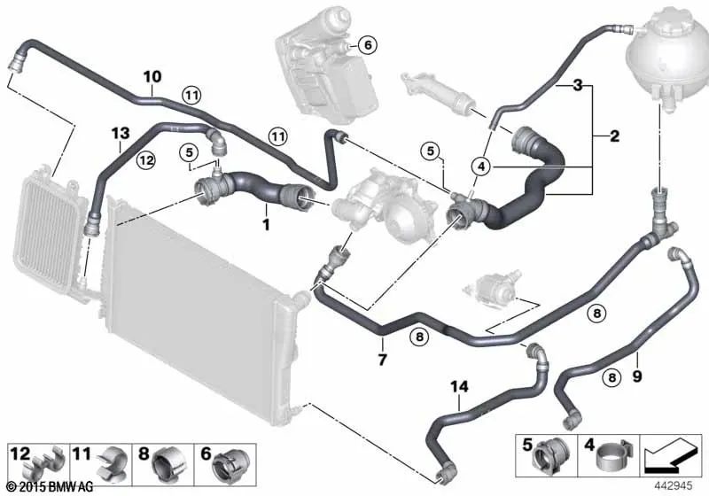 Coolant hose for BMW X3 F25, X4 F26 (OEM 17128583675). Genuine BMW