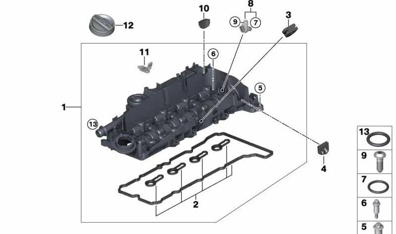 Cubierta de la culata para BMW Serie 1 F20N, F21N, Serie 2 F22, F23, Serie 3 F30, F31, F34, Serie 4 F32, F33, F36, Serie 5 F10N, F11N, G30, G31, Serie 7 G11, G12, X3 F25, G01, X4 F26, G02, X5 F15 (OEM 11128581798). Original BMW